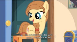 Size: 853x467 | Tagged: safe, oc, oc only, oc:cream heart, earth pony, pony, button's adventures, g4, cutie mark, female, hooves, mare, meme, open mouth, screenshots, solo, subtitles, text, youtube caption