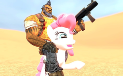 Size: 960x600 | Tagged: safe, artist:pinkie diane roosevelt phd, pinkie pie, g4, 3d, borderlands, borderlands 2, gmod, riding, rocket launcher