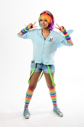 Size: 1272x1920 | Tagged: safe, artist:awesome-vivi, rainbow dash, human, g4, clothes, cosplay, fingerless gloves, gloves, goggles, irl, irl human, photo, rainbow socks, socks, solo, striped socks, suspenders, wings