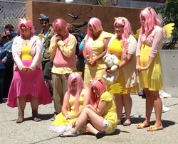 Size: 1483x1205 | Tagged: artist needed, safe, artist:rainbow-pastel, fluttershy, human, g4, convention, cosplay, fanimecon, group photo, irl, irl human, photo