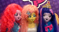 Size: 640x351 | Tagged: safe, fluttershy, pinkie pie, twilight sparkle, equestria girls, g4, animegao kigurumi, bubble, clothes, cosplay, costume, creepy, crown, derp, element of magic, i've seen some shit, irl, jewelry, masks, peruvian nightmare squad, photo, regalia, uncanny valley, wat