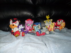 Size: 900x675 | Tagged: safe, artist:missluckychan29, applejack, fluttershy, pinkie pie, rainbow dash, rarity, g4, amy rose, crossover, irl, knuckles the echidna, male, miles "tails" prower, photo, plushie, shadow the hedgehog, sonic the hedgehog, sonic the hedgehog (series), toy