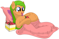 Size: 6375x4200 | Tagged: safe, artist:xniclord789x, oc, oc only, earth pony, pony, absurd resolution, belly button, blanket, blushing, earth pony oc, kicking, pillow, pregnant, simple background, solo, strawberry, transparent background