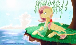 Size: 1766x1057 | Tagged: safe, artist:camaine, fluttershy, g4, alternate hairstyle, female, ponytail, solo