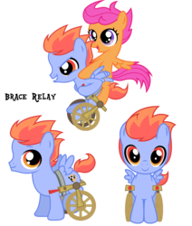 Size: 840x992 | Tagged: safe, artist:disfiguredstick, scootaloo, oc, oc:brace relay, pegasus, pony, g4, colt, cute, cutealoo, disabled, filly, foal, male, simple background, transparent background, vector, wheelchair