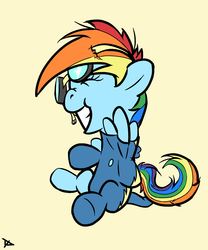 Size: 2500x3000 | Tagged: safe, artist:doggonepony, rainbow dash, pegasus, pony, g4, eyes closed, female, filly, filly rainbow dash, goggles, grin, sitting, smiling, solo, wonderbolts uniform