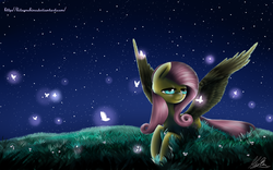 Size: 4000x2500 | Tagged: safe, artist:kitsunehino, fluttershy, butterfly, g4, female, glowing, night, solo