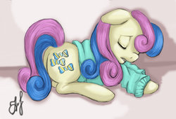 Size: 1024x698 | Tagged: safe, artist:vasilisavishnevskaya, bon bon, sweetie drops, g4, clothes, eyes closed, female, solo, sweater