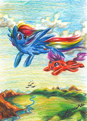 Size: 3172x4437 | Tagged: safe, artist:buttersprinkle, rainbow dash, scootaloo, g4, colored pencil drawing, flying, scootaloo can fly, traditional art