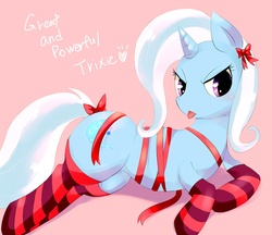 Size: 800x692 | Tagged: safe, artist:syansyan, trixie, pony, unicorn, g4, clothes, female, mare, ribbon, socks, solo, striped socks, tongue out
