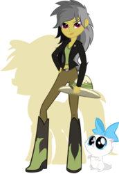 Size: 741x1080 | Tagged: safe, artist:rariedash, daring do, mitsy, cat, equestria girls, g4, boots, clothes, equestria girls-ified, female, grey hair, hat, high heel boots, jacket, leather, leather jacket, older daring do, pith helmet, shoes, simple background, solo, tomboy, transparent background