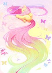Size: 643x900 | Tagged: safe, artist:aruurara, fluttershy, butterfly, g4, beautiful, cute, eyes closed, female, flower, gradient tail, grass, long mane, long tail, on side, shyabetes, sleeping, solo, surreal