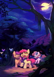 Size: 636x900 | Tagged: safe, artist:aruurara, apple bloom, derpy hooves, scootaloo, sweetie belle, parasprite, pegasus, pony, g4, cutie mark crusaders, everfree forest, female, glowing eyes, mare, moon, night, scared