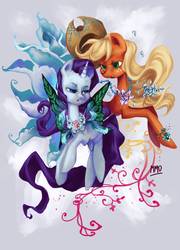 Size: 1551x2152 | Tagged: safe, applejack, rarity, earth pony, pony, unicorn, g4, female, freckles, hat, mare