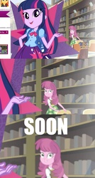 Size: 644x1200 | Tagged: safe, cheerilee, twilight sparkle, equestria girls, g4, image macro, official content, soon