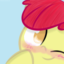 Size: 1920x1920 | Tagged: safe, artist:deathnyan, apple bloom, earth pony, pony, g4, adorabloom, blue background, blushing, cute, female, filly, foal, light blue background, one eye closed, simple background, smiling, solo, wink