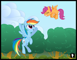 Size: 1750x1360 | Tagged: safe, artist:controlcore, rainbow dash, scootaloo, g4, duo, eyes closed, flying