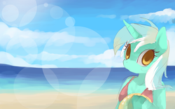 Size: 1600x1000 | Tagged: dead source, safe, artist:loyaldis, lyra heartstrings, unicorn, anthro, g4, beach, female, solo, swimsuit