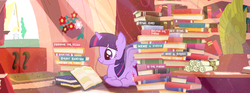 Size: 851x315 | Tagged: safe, artist:mane6dev, twilight sparkle, alicorn, pony, fighting is magic, g4, official, art theft, book, facebook, female, flower, golden oaks library, library, mare, plagiarism, reading, scroll, solo, sunlight, twilight sparkle (alicorn)