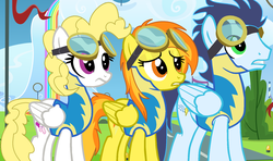 Size: 900x534 | Tagged: safe, artist:ipandacakes, soarin', spitfire, surprise, pegasus, pony, g1, g4, g1 to g4, generation leap, rainbow waterfall, trio, wonderbolt trainee uniform, wonderbolts