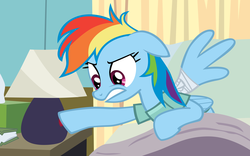Size: 5000x3125 | Tagged: safe, artist:mrlolcats17, rainbow dash, g4, bandage, bed, clothes, female, lamp, off, solo