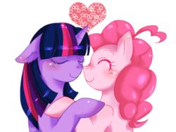 Size: 900x675 | Tagged: safe, artist:charmyamber, pinkie pie, twilight sparkle, g4, boop, eyes closed, female, heart, lesbian, ship:twinkie, shipping
