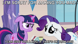 Size: 811x456 | Tagged: safe, rarity, twilight sparkle, g4, angry, hug, image macro