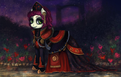 Size: 1634x1046 | Tagged: safe, artist:elkaart, roseluck, g4, clothes, dress, female, flower, gala dress, garden, night, solo