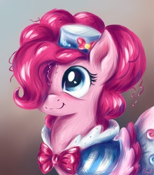 Size: 4000x4553 | Tagged: safe, artist:pponyoo, pinkie pie, earth pony, pony, g4, the best night ever, absurd resolution, clothes, cute, diapinkes, dress, female, gala dress, gradient background, hair over one eye, portrait, solo