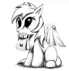 Size: 800x825 | Tagged: safe, artist:lova-gardelius, derpy hooves, g4, bag, female, filly, monochrome, mouth hold, muffin, solo