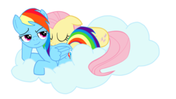 Size: 1024x577 | Tagged: safe, fluttershy, rainbow dash, g4, cloud, female, lesbian, ship:flutterdash, shipping, simple background, sleeping, transparent background, vector