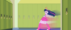 Size: 1360x582 | Tagged: safe, screencap, twilight sparkle, equestria girls, g4, my little pony equestria girls, big crown thingy, boots, crown, fall formal outfits, female, flash step, hallway, high heel boots, jewelry, lockers, regalia, solo, twilight ball dress
