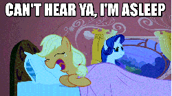 Size: 853x480 | Tagged: safe, edit, edited screencap, screencap, applejack, rarity, g4, look before you sleep, animated, bed, duo, female, golden oaks library, image macro, snoring