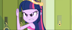 Size: 853x365 | Tagged: safe, screencap, twilight sparkle, equestria girls, g4, my little pony equestria girls, bare shoulders, big crown thingy, crown, fall formal outfits, female, jewelry, lockers, regalia, sleeveless, solo, strapless, twilight ball dress