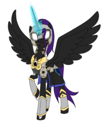 Size: 750x850 | Tagged: safe, artist:jazzybrony, oc, oc only, oc:nyx, alicorn, pony, fanfic:past sins, alicorn oc, armor, female, glowing eyes, helmet, horn, mare, nightmare nyx, solo, spread wings, wings
