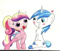 Size: 752x640 | Tagged: safe, artist:getchanoodlewet, princess cadance, shining armor, g4, blushing, chest fluff, heart, mouth hold, traditional art, younger