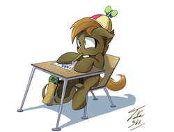 Size: 900x682 | Tagged: safe, artist:tsitra360, button mash, earth pony, pony, g4, colt, desk, floppy ears, foal, hat, hooves, male, mouth hold, pac-man, propeller hat, sitting, solo, test