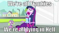 Size: 1366x768 | Tagged: safe, spike, twilight sparkle, dog, equestria girls, g4, my little pony equestria girls, exploitable meme, frankie teardrop, image macro, lyrics, nightmare fuel, song reference, spike the dog, twiscream