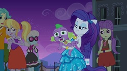 Size: 1280x720 | Tagged: safe, screencap, brawly beats, cloudy kicks, photo finish, rarity, spike, starlight, equestria girls, g4, my little pony equestria girls, background human, eqg!photo finish, fall formal outfits, ponied up, ponytail