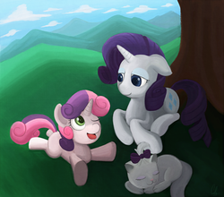 Size: 3206x2827 | Tagged: dead source, safe, artist:eddiedodoman, opalescence, rarity, sweetie belle, cat, pony, unicorn, g4, cloud, cute, eyes closed, female, filly, mare, mountain, one eye closed, pixiv, tree, wink