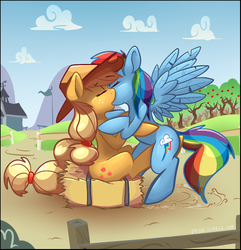 Size: 777x805 | Tagged: safe, artist:pippy, applejack, rainbow dash, earth pony, pegasus, pony, g4, bipedal, duo, eyes closed, female, hay bale, kiss on the lips, kissing, lesbian, outdoors, ship:appledash, shipping, sitting, spread wings, sweet apple acres