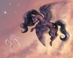 Size: 1280x1024 | Tagged: safe, artist:redtallin, princess celestia, princess luna, g4, flying