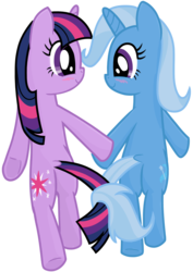 Size: 1600x2260 | Tagged: safe, artist:transparentpony, trixie, twilight sparkle, pony, unicorn, g4, bipedal, butt, female, intertwined tails, lesbian, plot, ship:twixie, shipping, smiling, unicorn twilight