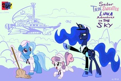 Size: 4801x3220 | Tagged: safe, artist:jowyb, princess luna, sweetie belle, trixie, g4, airship, mop, sailor