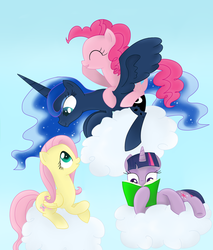 Size: 825x969 | Tagged: safe, artist:kaleysia, fluttershy, pinkie pie, princess luna, twilight sparkle, g4