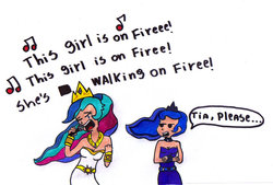 Size: 800x540 | Tagged: safe, artist:himitsu18, princess celestia, princess luna, human, g4, alicia keys, girl on fire, humanized, singing, sisters, song reference