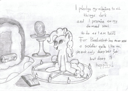 Size: 2291x1632 | Tagged: safe, artist:crade, pinkie pie, g4, female, satanist, solo, song reference, voltaire, when you're evil