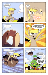 Size: 719x1112 | Tagged: safe, artist:karzahnii, derpy hooves, pegasus, pony, g4, cloud, cloudy, comic, destruction, dialogue, female, fire, golden oaks library, hilarious in hindsight, lightning, mare, pun, riding, speech bubble, tales from ponyville, underp