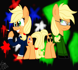 Size: 1940x1748 | Tagged: safe, artist:daisy-dictator, applejack, g4, clothes, fdr, franklin d. roosevelt, franklin roosevelt, glasses, kim jong-il, north korea, smiling, united states