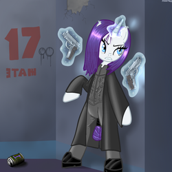 Size: 600x600 | Tagged: safe, artist:hudoyjnik, artist:synch-anon, rarity, pony, vampire, g4, bipedal, clothes, crossover, dual wield, fangs, female, gun, magic, pistol, solo, underworld, weapon